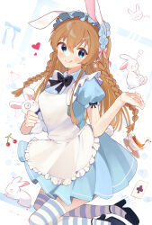 Rule 34 | 1girl, absurdres, animal, animal ears, aqua eyes, blush, braid, brown hair, cup, dress, highres, idolmaster, idolmaster million live!, idolmaster million live! theater days, kousaka umi, long hair, looking at viewer, pinafore dress, rabbit, rabbit ears, shishiodoshi, side braid, sleeveless, sleeveless dress, smile, solo, striped clothes, striped thighhighs, tea, teacup, thighhighs, tongue, tongue out, twin braids, white background