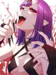 Rule 34 | 1girl, black nails, breasts, fang, fate/grand order, fate (series), fingernails, highres, horns, jewelry, long fingernails, looking at viewer, mikan (chipstar182), nail polish, open mouth, pointy ears, purple eyes, purple hair, sharp fingernails, shuten douji (fate), skin-covered horns, small breasts, smile, solo, teeth, tongue, tongue out, upper body, upper teeth only