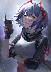 Rule 34 | 1girl, antenna hair, arknights, arm under breasts, backlighting, black gloves, black jacket, blood, blood on face, breasts, detonator, fingerless gloves, gloves, grey shirt, hand on own arm, highres, holding, horns, jacket, large breasts, long sleeves, looking at viewer, multicolored hair, open clothes, open jacket, orange eyes, outdoors, parted lips, rain, red hair, shirt, short hair, silver hair, smile, solo, two-tone hair, w (arknights), yayako (804907150)