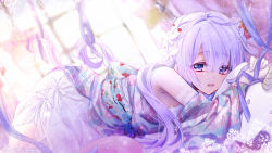 Rule 34 | 1girl, :d, azur lane, blush, butterfly hair ornament, dutch angle, elbow gloves, food print, from side, gloves, hair between eyes, hair ornament, highres, lace, long hair, looking at viewer, lying, matori (penguin batake), on stomach, open mouth, own hands together, purple hair, purple ribbon, ribbon, smile, solo, strawberry print, stuffed unicorn, stuffed winged unicorn, twitter username, unicorn (azur lane), very long hair, white gloves, window