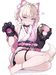 Rule 34 | 1girl, animal ear fluff, animal ears, animal hands, anklet, barefoot, belt, black sash, blonde hair, blue eyes, dog ears, dog girl, dog paws, dog tail, fang, feet, flat chest, floral print kimono, gloves, heart, highres, hololive, hololive english, japanese clothes, jewelry, kimono, looking at viewer, mococo abyssgard, mococo abyssgard (new year), multicolored hair, namiorii, obi, official alternate costume, paw gloves, pink belt, pink hair, pink kimono, sash, short hair, short kimono, skin fang, sleeveless, sleeveless kimono, smile, solo, streaked hair, tail, thigh strap, toenails, toes, twintails, virtual youtuber, white background