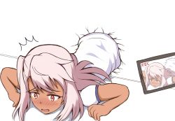 Rule 34 | 1girl, ^^^, blush, camcorder, chloe von einzbern, commentary request, crack, cracked wall, dark-skinned female, dark skin, fate/kaleid liner prisma illya, fate (series), gym shirt, highres, long hair, looking away, mitchi, nose blush, open mouth, pink hair, puffy short sleeves, puffy sleeves, recording, red eyes, shirt, short sleeves, solo, stuck, through wall, video camera, white shirt