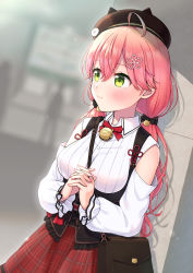 Rule 34 | 1girl, absurdres, ahoge, animal hat, bag, bare shoulders, bell, beret, blush, bodice, bow, bowtie, cat hat, clothing cutout, collared shirt, embarrassed, green eyes, hair ornament, hairclip, handbag, hat, highres, hololive, long hair, long sleeves, looking away, low twintails, neck bell, own hands clasped, own hands together, pink hair, plaid, plaid skirt, red bow, red bowtie, red skirt, ribbed shirt, sakura miko, sakura miko (casual), shirt, shoulder cutout, skirt, solo, tomozu, twintails, virtual youtuber, white shirt