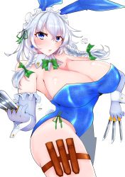 Rule 34 | 1girl, alternate breast size, animal ears, between fingers, blush, braid, breasts, cleavage, detached collar, earrings, elbow gloves, fake animal ears, gloves, green ribbon, hair ribbon, haru (89 air), highres, holding, holding knife, holster, huge breasts, izayoi sakuya, jewelry, knife, knife sheath, knife sheath, knives between fingers, leotard, lips, looking at viewer, maid, maid headdress, medium hair, mole, mole under eye, playboy bunny, rabbit ears, rabbit tail, red eyes, ribbon, sheath, shiny skin, simple background, solo, tail, thick thighs, thigh holster, thighs, touhou, tress ribbon, twin braids, white background, wrist cuffs