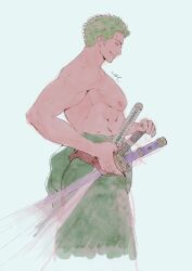 Rule 34 | 1boy, abs, aqua background, bara, coat, cropped legs, from side, green coat, green hair, highres, holding, holding sword, holding weapon, large pectorals, male focus, muscular, muscular male, nipples, nok (nok 1), one piece, pectorals, profile, red sash, roronoa zoro, sash, short hair, sideburns, simple background, smile, solo, sword, topless male, triple wielding, weapon