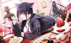 Rule 34 | 1girl, animal ears, black choker, black hair, black jacket, blue archive, blurry, blush, breasts, bren lmg, brown pantyhose, cake, cat ears, choker, ddangbi, depth of field, eating, feet up, food, fork, fruit, hair ornament, hairclip, halo, highres, holding, holding fork, hood, hood down, hooded jacket, indoors, jacket, kazusa (blue archive), large breasts, light machine gun, long sleeves, looking at viewer, lying, on stomach, on table, open mouth, pantyhose, pendant choker, plate, red eyes, shoes, short hair, sidelocks, sneakers, solo, strawberry, table