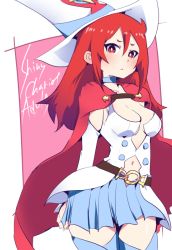 Rule 34 | 1girl, arms at sides, belt, blue choker, blue skirt, blue thighhighs, blush, breasts, cape, character name, choker, cleavage, hair between eyes, hat, hys-d, little witch academia, long hair, looking at viewer, medium breasts, navel, red cape, red eyes, red hair, shiny chariot, sidelocks, simple background, skirt, solo, standing, thighhighs, witch, witch hat