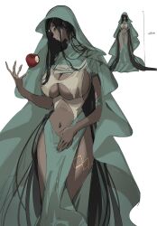 1girl apple bitten bitten_apple breasts brown_hair cloak dark-skinned_female dark_skin food food_bite fruit green_cloak height_chart highres holding holding_food holding_fruit hood hooded_cloak large_breasts navel oh_(aung_ae) original simple_background white_background yellow_eyes