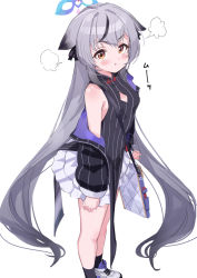 Rule 34 | 1girl, :t, absurdres, bag, bare shoulders, black dress, black hair, black jacket, black socks, blue archive, blush, breasts, brown eyes, closed mouth, commentary request, dress, grey hair, halo, highres, jacket, kokona (blue archive), layered skirt, long hair, long sleeves, looking at viewer, multicolored hair, off shoulder, open clothes, open jacket, pelvic curtain, pizzasi, pleated skirt, pout, puffy long sleeves, puffy sleeves, shoes, shoulder bag, skirt, sleeveless, sleeveless dress, small breasts, socks, solo, standing, streaked hair, striped clothes, striped dress, striped jacket, v-shaped eyebrows, vertical-striped clothes, vertical-striped dress, vertical-striped jacket, very long hair, white footwear, white skirt