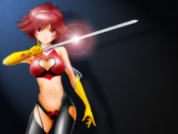 Rule 34 | 00s, 1girl, armlet, asymmetrical clothes, bare shoulders, breasts, choker, cleavage, cleavage cutout, clothing cutout, contrapposto, covered erect nipples, cowboy shot, crop top, cutie honey, cutie honey (character), female focus, gloves, halterneck, heart, heart cutout, impossible clothes, kisaragi honey, lens flare, looking at viewer, magical girl, midriff, navel, no bra, re: cutie honey, red eyes, red hair, revealing clothes, samejima minoru, short hair, solo, standing, sword, weapon, yellow gloves