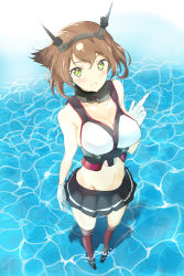 Rule 34 | 10s, 1girl, black skirt, breasts, brown hair, collar, collarbone, from above, gloves, green eyes, grin, headgear, highres, kantai collection, large breasts, looking at viewer, midriff, miniskirt, mutsu (kancolle), navel, ocean, oi ke, pleated skirt, red legwear, shadow, skirt, smile, solo, standing, standing on liquid, teeth, white gloves