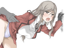 Rule 34 | 1boy, 1girl, blush, breasts, brown eyes, doggystyle, elf (stroll in the woods), girls und panzer, grey hair, implied sex, large breasts, panties, sex, sex from behind, shimada chiyo, standing, standing sex, underwear, white panties