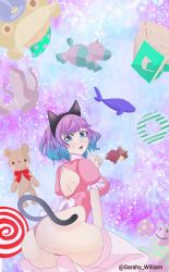 Rule 34 | 1girl, animal ears, ass, back, black clover, breasts, cat ears, cat tail, dorothy unsworth, highres, large breasts, open mouth, pantyhose, purple eyes, purple hair, sarahy william, short hair, tagme, tail