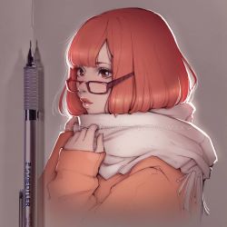 Rule 34 | 1girl, arms up, art tools in frame, asia ladowska, backlighting, brown eyes, closed mouth, coat, commentary request, eyelashes, glasses, lips, long sleeves, mechanical pencil, orange coat, paper, parted bangs, pencil, photo (medium), short hair, solo, staedtler, upper body
