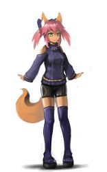 Rule 34 | 10s, 1girl, animal ears, artist request, blue thighhighs, drawfag, fate/extra, fate (series), fox ears, fox tail, full body, hair ribbon, nail polish, pink hair, purple thighhighs, ribbon, simple background, solo, source request, standing, tail, tamamo (fate), tamamo no mae (fate/extra), thighhighs, white background, yellow eyes