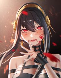 Rule 34 | 1girl, absurdres, artist name, bare shoulders, black gloves, blood, blood on face, blush, breasts, earrings, eyeliner, fingerless gloves, flower, gloves, gold hairband, gudanco (nyanmeowzer), hair between eyes, hair flower, hair ornament, hairband, highres, jewelry, large breasts, lips, lipstick, long hair, looking at viewer, makeup, parted lips, portrait, red eyes, sidelocks, solo, spy x family, yor briar