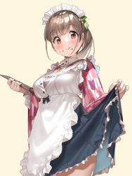 Rule 34 | 1girl, apron, brown eyes, brown hair, clothes lift, commentary request, food, food on face, frilled apron, frilled skirt, frills, highres, idolmaster, idolmaster shiny colors, japanese clothes, kanzarin, kimono, licking lips, long hair, long sleeves, looking at viewer, maid headdress, menu, ponytail, simple background, skirt, skirt lift, solo, sonoda chiyoko, thighs, tongue, tongue out, waitress, wide sleeves