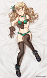 Rule 34 | 1girl, @ @, armband, artist name, bed sheet, black footwear, black gloves, black thighhighs, blush, bow, bow bra, bra, breasts, brown eyes, buckle, choker, cleavage, drill hair, english text, frilled bra, frilled footwear, frilled panties, frills, frown, full body, gloves, green bow, green bra, green choker, green panties, hair bow, hair ornament, highres, hmax, idolmaster, idolmaster cinderella girls, idolmaster cinderella girls starlight stage, lace, lace-trimmed bra, lace-trimmed legwear, lace trim, light brown hair, long hair, looking at viewer, lying, medium breasts, morikubo nono, navel, on back, on bed, panties, shoes, solo, tearing up, thighhighs, underwear, underwear only, wavy mouth