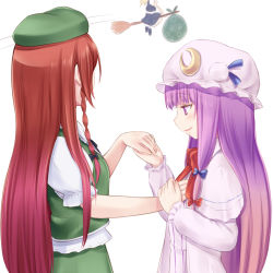 Rule 34 | 3girls, beret, blonde hair, braid, broom, broom riding, commentary request, crescent, dress, female focus, hair ribbon, hand on another&#039;s chest, hat, holding hands, hong meiling, kirisame marisa, long hair, looking at another, multiple girls, open mouth, patchouli knowledge, purple eyes, purple hair, red hair, ribbon, sack, simple background, smile, suzushiro yukari, touhou, twin braids, white background, yuri
