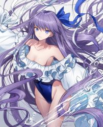 Rule 34 | 1girl, bare shoulders, blue eyes, blue one-piece swimsuit, blue ribbon, breasts, closed mouth, collarbone, covered navel, fate/grand order, fate (series), frills, hair between eyes, hair ribbon, highleg, highleg swimsuit, long hair, long sleeves, looking at viewer, meltryllis, meltryllis (fate), meltryllis (swimsuit lancer) (fate), meltryllis (swimsuit lancer) (second ascension) (fate), mitsunari miyako, one-piece swimsuit, puffy sleeves, purple hair, ribbon, sleeves past fingers, sleeves past wrists, small breasts, smile, swimsuit, thighs, very long hair, water