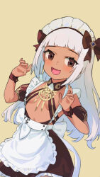 Rule 34 | 1girl, apron, azur lane, black ribbon, blunt bangs, breasts, brown eyes, dark-skinned female, dark skin, fang, hands up, highres, long hair, looking at viewer, maid, maid apron, maid headdress, nubian (azur lane), open mouth, ping zhong yu, ribbon, simple background, skin fang, small breasts, smile, solo, white apron, white hair, yellow background