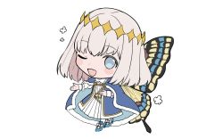 Rule 34 | 1boy, ;d, arthropod boy, blue cloak, blue eyes, blue footwear, blush, blush stickers, butterfly wings, chibi, cloak, commentary request, crown, diamond hairband, fate/grand order, fate (series), full body, fur-trimmed cloak, fur trim, gold trim, grey hair, highres, insect wings, long sleeves, male focus, medium hair, multicolored wings, oberon (fate), one eye closed, open mouth, oyasumi dm, puffy sleeves, simple background, smile, solo, tassel, white background, white hair, wings