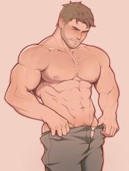 Rule 34 | 1boy, abs, bara, black pants, brown background, brown hair, chris redfield, closed eyes, closed mouth, facial hair, highres, large pectorals, male focus, miltonzheng, muscular, muscular male, navel, nipples, pants, pectorals, procreate (medium), resident evil, resident evil 5, short hair, simple background, solo, topless male