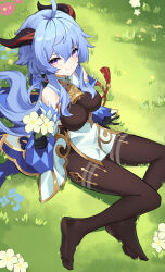 Rule 34 | 1girl, absurdres, ahoge, bare shoulders, bell, black gloves, black pantyhose, blue hair, bow, breasts, czk, detached sleeves, feet, flower, from above, ganyu (genshin impact), genshin impact, gloves, gold trim, grass, highres, holding, holding flower, horns, long hair, looking at viewer, medium breasts, neck bell, no shoes, outdoors, pantyhose, purple eyes, qingxin flower, sidelocks, sitting, smile, solo, tassel, thighlet, waist cape, white flower, yokozuwari