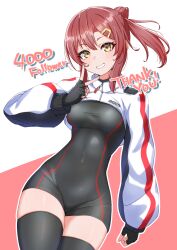 Rule 34 | 1girl, black gloves, black romper, black thighhighs, breasts, covered navel, cowboy shot, fingerless gloves, gloves, grin, highres, kamidan, looking at viewer, medium breasts, milestone celebration, original, red hair, romper, shrug (clothing), sipper, skin tight, smile, solo, taut clothes, thighhighs, v, yellow eyes