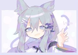 Rule 34 | 1girl, :d, animal ear fluff, animal ears, cat day, cat ears, cat tail, claw pose, commentary, fang, grey eyes, grey hair, hair between eyes, hair ornament, hairclip, hand up, hatsushiro mamimu, highres, japanese clothes, kariginu, kemonomimi mode, looking at viewer, mononobe no futo, no headwear, open mouth, portrait, sidelocks, skin fang, smile, solo, tail, touhou, wide sleeves