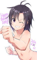 Rule 34 | 1girl, antenna hair, black hair, breasts, clenched hands, clenched teeth, completely nude, dated, groin, happy birthday, highres, idolmaster, idolmaster (classic), kikuchi makoto, konboi-eg, navel, nude, one eye closed, purple eyes, short hair, simple background, small breasts, smile, solo, teeth, upper body, white background