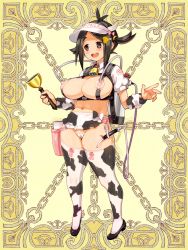Rule 34 | 1girl, animal print, apron, bell, black eyes, black footwear, black hair, blush, breast pump, breasts, clothes writing, covered erect nipples, cow horns, cow print, cowbell, full body, harness, holding, horns, huge breasts, kerberos blade, lactation, milk gun, milking machine, navel, non-web source, official art, open mouth, ryoji (nomura ryouji), short sleeves, short twintails, solo, swept bangs, tape, tape on pussy, teeth, thick thighs, thighhighs, thighs, tube, twintails, upper teeth only, visor cap, waist apron, yellow background