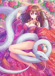 Rule 34 | 1girl, absurdres, bare shoulders, barefoot, blue eyes, blush, bracelet, breasts, brown hair, cleavage, flower, hair flower, hair ornament, hair tubes, highres, japanese clothes, jewelry, large breasts, looking at viewer, original, petals, smile, snake, solo, suikakitsu shiro, wide sleeves, xia you qing