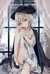 Rule 34 | 1girl, absurdres, black footwear, black hat, black jacket, blue eyes, building, closed mouth, cloud, cloudy sky, collarbone, commentary request, curtains, dress, eien no juu nana-sai, hair between eyes, hands on own knee, hat, head tilt, heart, high heels, highres, indoors, jacket, jacket on shoulders, komeiji koishi, long hair, looking at viewer, overcast, shoes, silver hair, sitting, sky, snowing, solo, thighhighs, third eye, touhou, transparent, white dress, white thighhighs, window