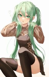 Rule 34 | 1girl, :o, absurdres, alternate eye color, alternate hair color, black thighhighs, breasts, brown shirt, crop top, gradient background, green eyes, green hair, hair between eyes, hand in own hair, hatsune miku, heart, highres, invisible chair, light particles, long hair, long sleeves, looking at viewer, medium breasts, shiina 1001, shirt, sitting, sleeveless, sleeveless shirt, solo, thighhighs, thighs, twintails, vocaloid, white background