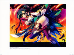 Rule 34 | 1girl, absurdres, ass, bare shoulders, black hair, black thighhighs, breasts, full body, highres, holding, holding weapon, kan&#039;u (koihime musou), koihime musou, large breasts, long hair, looking at viewer, necktie, nipples, panties, pleated skirt, polearm, shoes, skirt, smile, solo, thighhighs, torn clothes, underwear, weapon, yellow eyes, zettai ryouiki