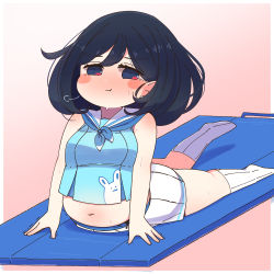 Rule 34 | 1girl, puff of air, arm support, black hair, blue eyes, blush, breasts, closed mouth, commentary request, crop top, exercising, full body, highres, horoyuki (gumizoku), kneehighs, looking at viewer, mat, medium hair, navel, neckerchief, no nose, original, pleated skirt, plump, sailor collar, shadow, shirt, skirt, sleeveless, sleeveless shirt, small breasts, socks, solo, stretching, sweat, tareme, thick thighs, thighs, trembling, white skirt, white socks, zipper pull tab