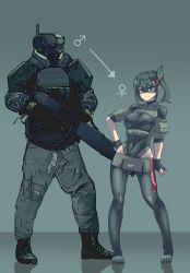 Rule 34 | 1girl, ammunition belt, black footwear, boots, breasts, clenched hands, clothed robot, clothing cutout, covered erect nipples, covered navel, ga-man, gloves, green eyes, green gloves, green hair, green leotard, grey pants, gun, hand on own hip, highres, holding, holding gun, holding weapon, humanization, humanoid robot, large breasts, leotard, looking at viewer, mars symbol, mechanical legs, original, pants, robot, science fiction, shoulder cutout, shrug (clothing), side ponytail, standing, v-shaped eyebrows, weapon
