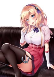 Rule 34 | 1girl, 3104 (3104milkshake), anchor, arm support, ass, azur lane, black thighhighs, blonde hair, blue eyes, blush, bra, bra visible through clothes, breasts, bridal gauntlets, commentary request, couch, cropped jacket, fingerless gloves, garter straps, gloves, hairband, head tilt, headband, highres, jacket, large breasts, lavender bra, leander (azur lane), long hair, looking at viewer, applying manicure, open mouth, playing with own hair, pleated skirt, red skirt, remodel (azur lane), ribbon, see-through, shirt, short hair, short sleeves, sidelocks, sitting, skirt, smile, solo, thighhighs, underwear, white gloves, white jacket