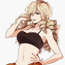 Rule 34 | 1girl, blonde hair, blue eyes, breasts, drill hair, hair over one eye, hand on own hip, highres, large breasts, legs, mature female, midriff, mouth hold, navel, official alternate costume, oriana thomason, sarong, smile, solo, tank top, thighs, toaru majutsu no index