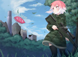 Rule 34 | 1girl, ai arctic warfare, black thighhighs, bolt action, camouflage, countdown timer, gun, holding, holding gun, holding weapon, looking away, multicolored hair, nyifu, original, outdoors, parted lips, pink eyes, pink hair, rifle, scope, short hair, sniper rifle, solo, standing, thighhighs, timer, tree, two-tone hair, weapon, white hair