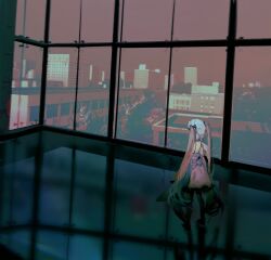 Rule 34 | 1girl, back bow, bare arms, black bow, black footwear, blue hair, bow, bow choker, cityscape, dress, frilled dress, frills, from behind, full body, hair bow, hatsune miku, highres, indoors, lobelia (saclia), long hair, reflective floor, shoes, short dress, sleeveless, sleeveless dress, solo, spaghetti strap, sunset, twintails, very long hair, vocaloid, white bow, white dress