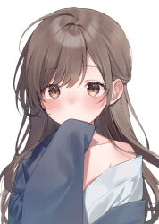 Rule 34 | 1girl, bare shoulders, blush, brown eyes, brown hair, closed mouth, collarbone, commentary request, hand up, highres, japanese clothes, kimono, long hair, long sleeves, looking at viewer, midorikawa you, off shoulder, original, simple background, sleeves past fingers, sleeves past wrists, solo, white background, white kimono, wide sleeves