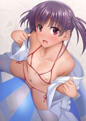 Rule 34 | 1girl, ball, beach, beachball, bikini, blush, bra, censored, collarbone, crotchless, crotchless swimsuit, cupless bra, dutch angle, flat chest, highres, looking at viewer, looking up, navel, nipples, one-piece tan, open mouth, purple hair, red bikini, red eyes, saki (manga), sand, see-through, short hair, short twintails, side-tie bikini bottom, sitting, solo, spread legs, suzume inui, swimsuit, tan, tanline, thighhighs, transparent footwear, twintails, underwear, undressing, usuzumi hatsumi, white thighhighs