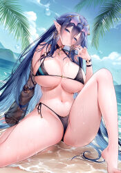 Rule 34 | 1girl, absurdres, arm support, bare shoulders, barefoot, bikini, blue eyes, blue hair, blue sky, blush, breasts, cloud, cloudy sky, collarbone, day, earrings, elf, eyewear on head, head tilt, highres, jewelry, knee up, large breasts, long hair, looking at viewer, navel, ocean, original, outdoors, parted lips, pointy ears, pulling own clothes, scan, see-through, side-tie bikini bottom, simple background, sitting, sky, solo, sora 72-iro, stomach, sunglasses, swimsuit, thighs, toes, water, water drop, wet