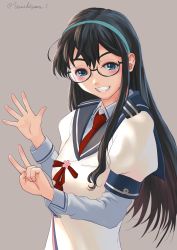 Rule 34 | 1girl, black hair, blue eyes, blue hairband, blue sailor collar, blue shirt, blush, collared shirt, commentary request, glasses, grey background, hairband, highres, kantai collection, long hair, long sleeves, necktie, ooyodo (kancolle), open mouth, red necktie, sailor collar, school uniform, serafuku, shirt, simple background, smile, solo, teeth, twitter username, upper body, urushizawa takayuki, white shirt