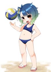 Rule 34 | 1girl, ball, beach volleyball, bikini, blue bikini, brown eyes, fangs, fukae (kancolle), full body, gradient hair, jacket, kantai collection, looking at viewer, midriff, multicolored hair, nassukun, navel, open clothes, open jacket, sandals, short hair, side ponytail, sidelocks, simple background, solo, sports bikini, swimsuit, volleyball, volleyball (object), white background