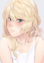 Rule 34 | 1girl, blonde hair, blue eyes, blush, camisole, closed mouth, commentary request, grey background, hair between eyes, highres, long hair, looking at viewer, original, simple background, solo, torii yoshitsuna, upper body, white camisole