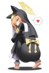 Rule 34 | 1girl, absurdres, ass, barefoot, black robe, blue archive, blue eyes, blush, commentary request, flower, from behind, full body, habit, halo, heart, highres, knees to chest, leehamin777, long hair, looking at viewer, looking back, mari (blue archive), nun, orange hair, parted lips, robe, slit pupils, solo, spoken heart, squatting, tiptoes, white flower, yellow halo