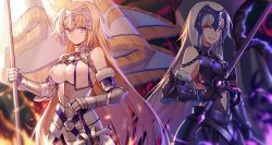 Rule 34 | 2girls, :d, absurdres, armor, armored dress, black dress, black gloves, blonde hair, brown eyes, closed mouth, dress, elbow gloves, fate/apocrypha, fate/grand order, fate (series), flag, fur-trimmed gloves, fur trim, gauntlets, gloves, hair between eyes, hair down, headpiece, highres, holding, holding flag, holding sword, holding weapon, jeanne d&#039;arc (fate), jeanne d&#039;arc (ruler) (fate), jeanne d&#039;arc (third ascension) (fate), jeanne d&#039;arc alter (avenger) (fate), jeanne d&#039;arc alter (avenger) (third ascension) (fate), jeanne d&#039;arc alter (fate), long hair, multiple girls, open mouth, polar opposites, purple eyes, silver hair, smile, standard bearer, sword, teeth, upper teeth only, very long hair, weapon, white dress, yorukun